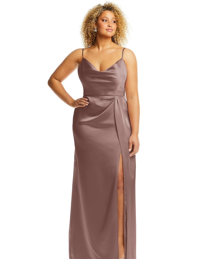 Front of a model wearing a size 10 Cowl-Neck Draped Wrap Maxi Dress with Front Slit in Sienna by Dessy Collection. | dia_product_style_image_id:268292